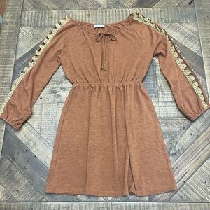 Marcelle dress rust-brown color, crochet lace sleeve & drawstring neckline